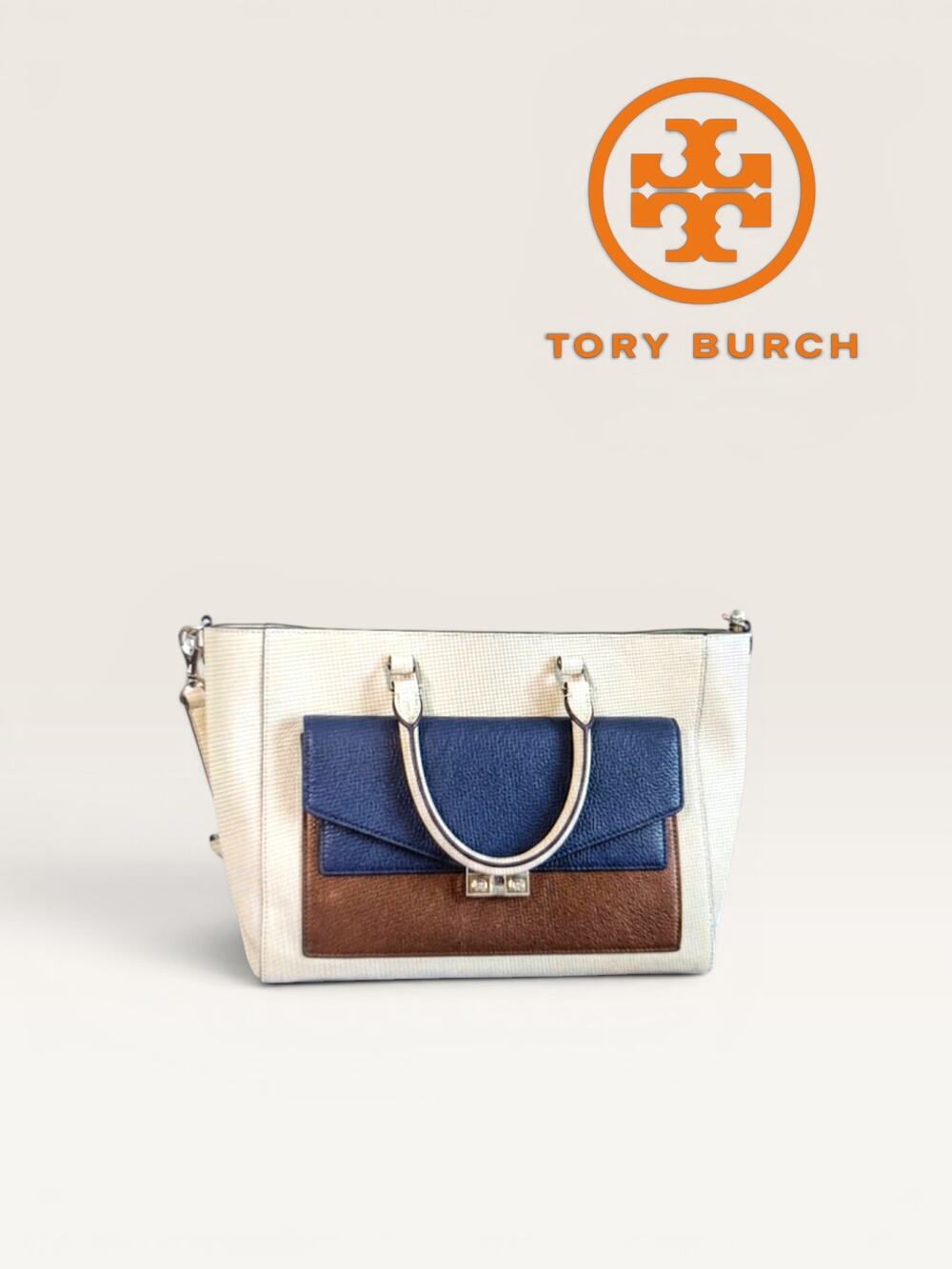 NWT Tory Burch Robinson Colorblock Tote Cream Navy Brown Leather Top Handle
